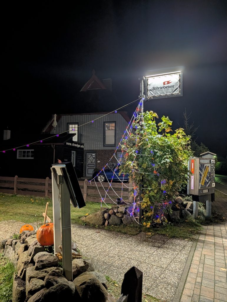 Halloween vor dem Haus: Kürbisse, Lichterspinnennetz und beleuchtetes Schild
