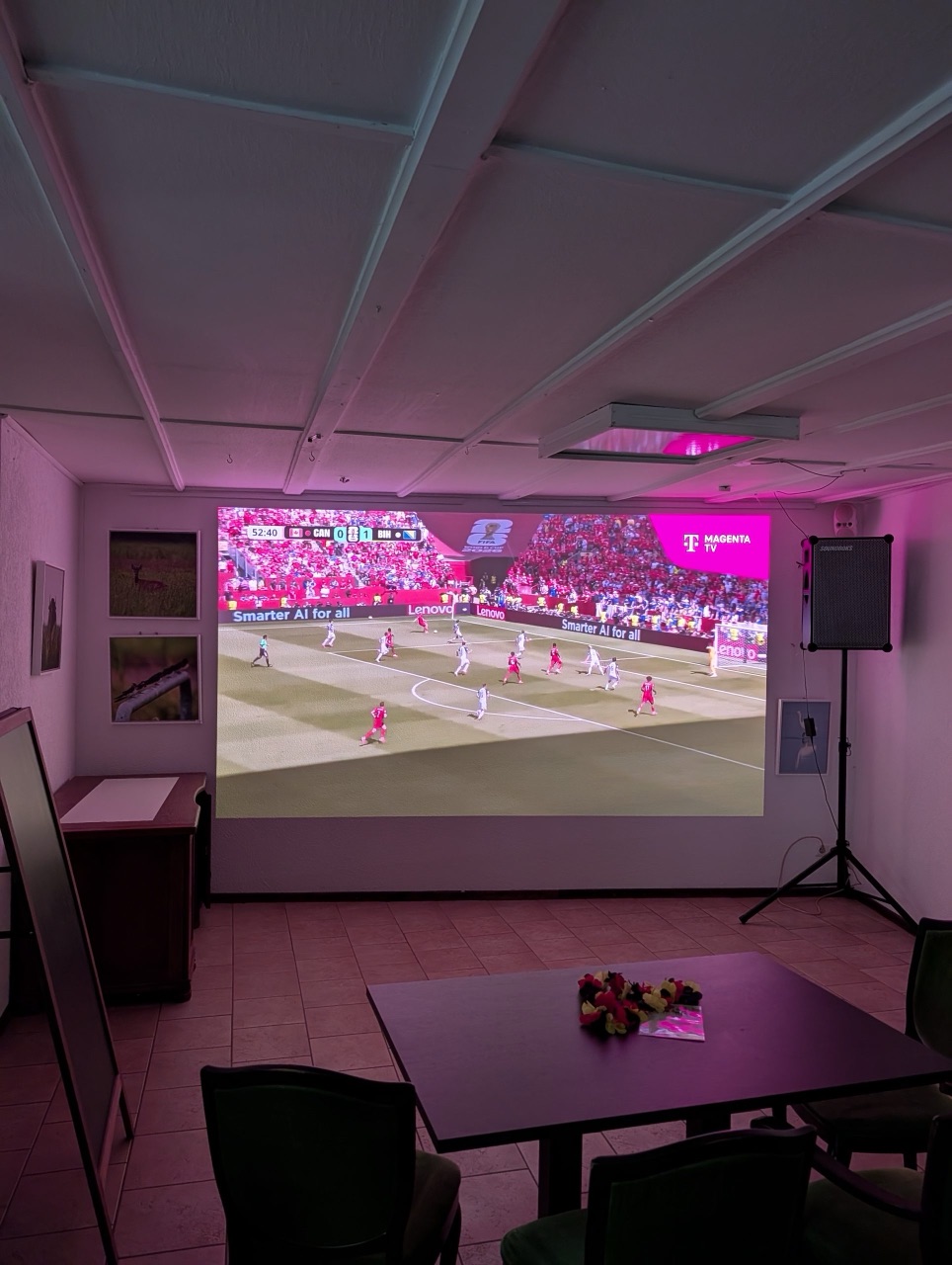 Leinwand mit WM-Spiel, der Raum in Magenta beleuchtet